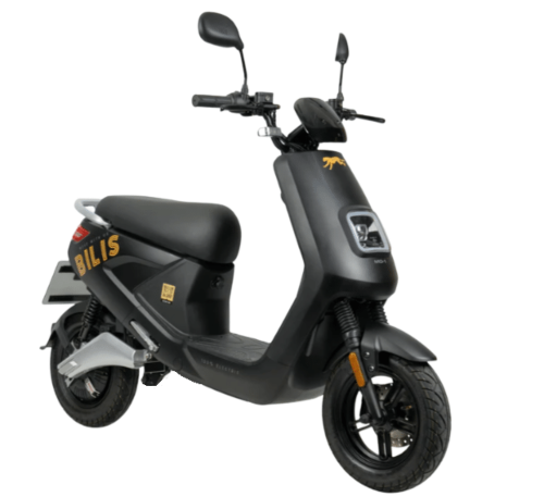 Bilis electrical moped in black facing right at an angle