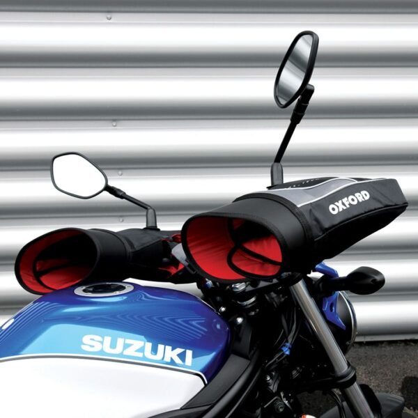 Oxford Super Muffs for motorcycles fitted on a motorcycle.