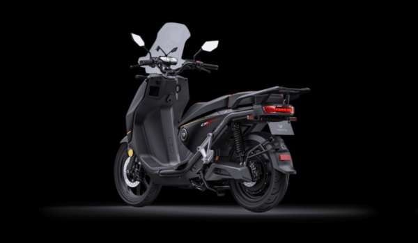 Super Soco CPX in Black and yellow rear left facing