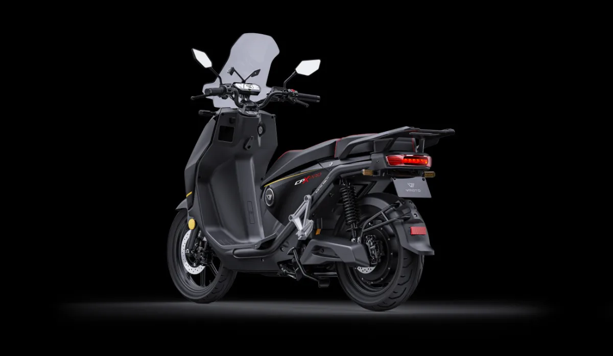Super Soco CPX in Black and yellow rear left facing