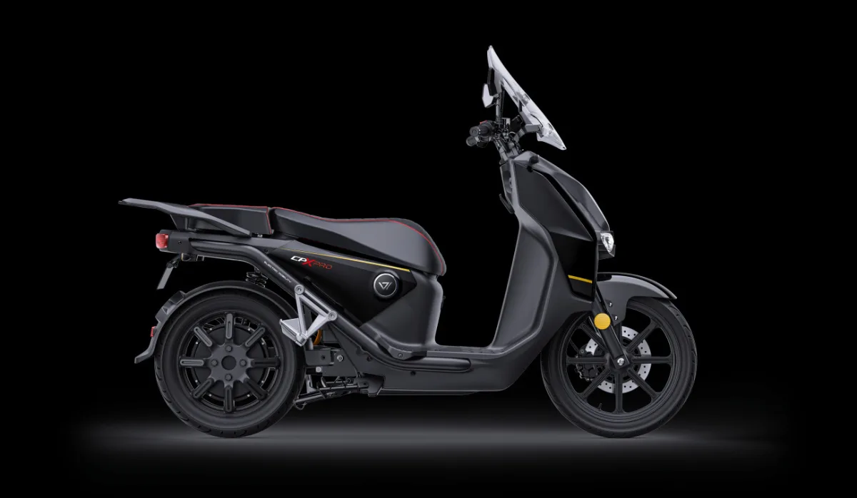 Super Soco CPX in Black and yellow right facing