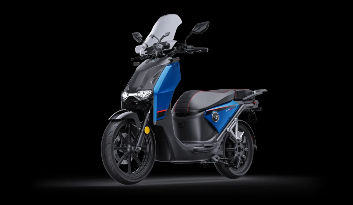Super Soco CPX in blue and black forward left facing