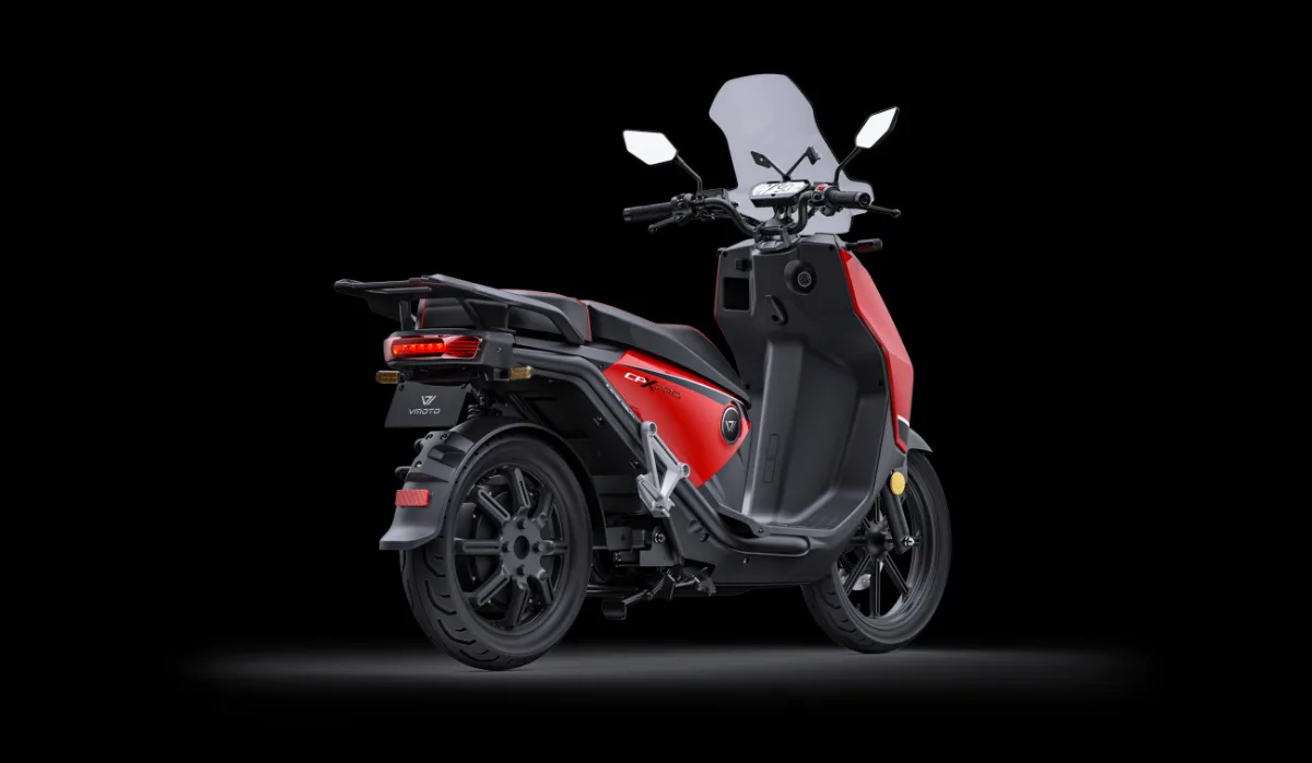 Super Soco CPX in red and black rear right facing